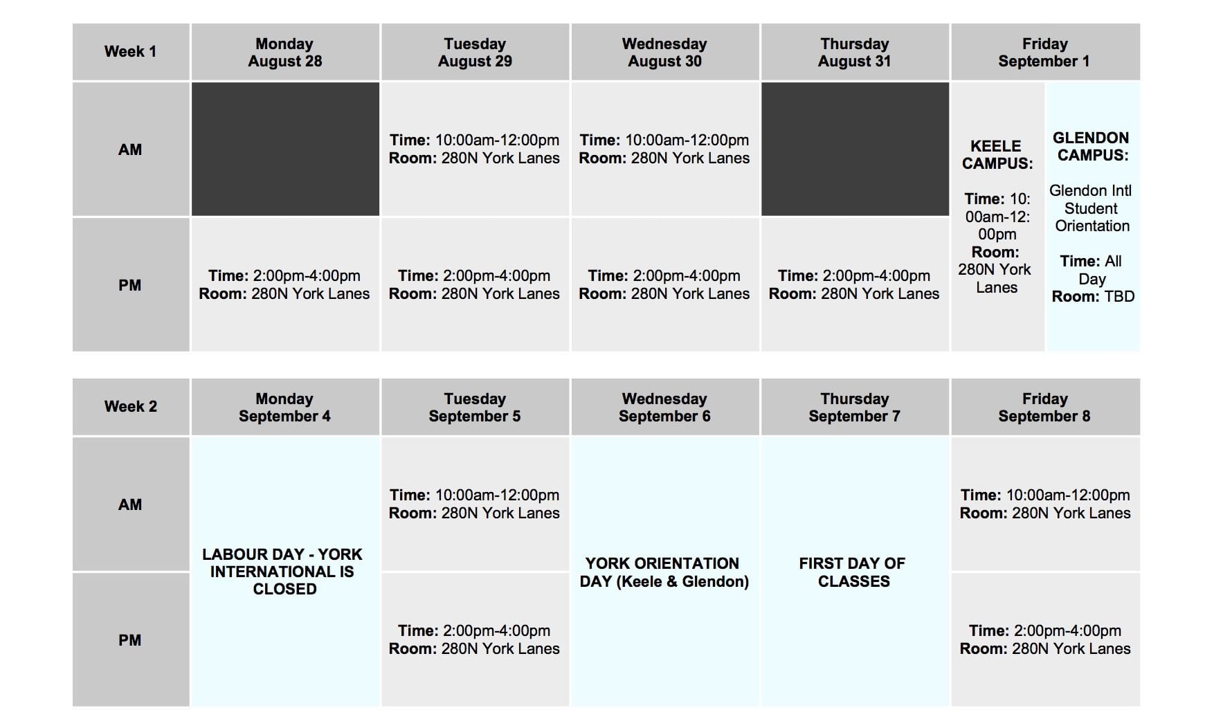 The schedule for York International's New Student Orientation
