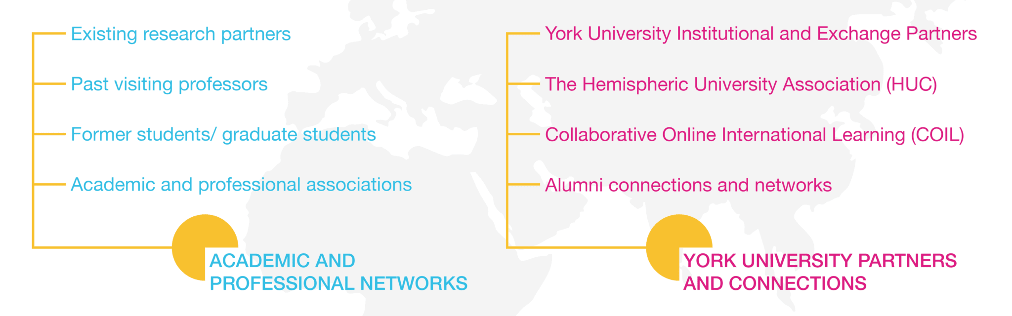 Academic and Professional Networks: Existing research partners, past visiting professors, former student/graduate students, academic and professional associations. York University partners and connections: York University institutional and exchange partners, the Hemispheric University Association (HUC), Collaborative Online International Learning (COIL), and alumni connections and networks. 