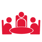 Three people meeting at a table icon.