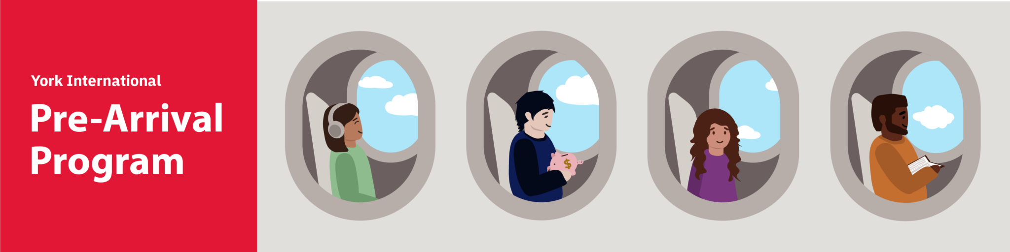 Banner showing 'York International Pre-Arrival Program' with four airplane windows, each displaying diverse students engaging in activities like listening to music, saving money, smiling, and reading.