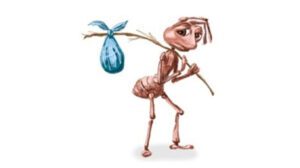 sad ant cartoon holding a bindle.
